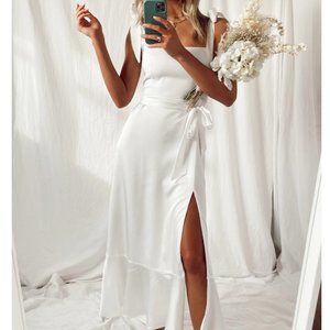 Show Me Your Mumu Garden Midi Dress in Ivory Luxe Satin